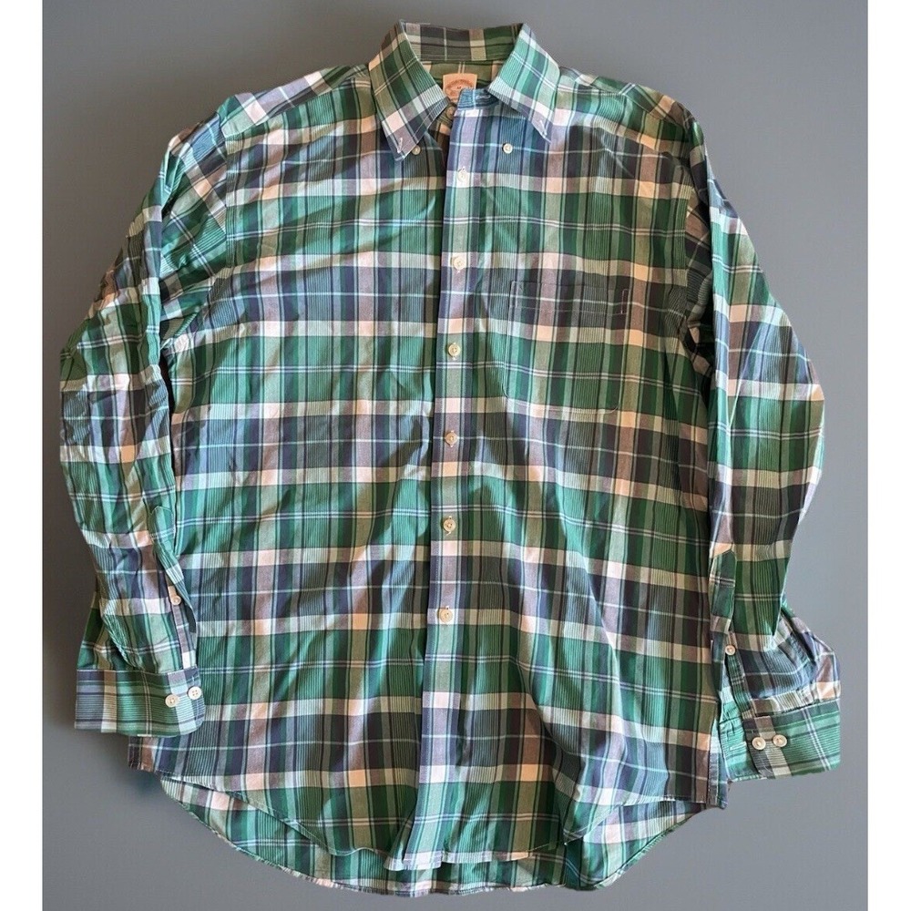 Brooks Brothers Madison Long Sleeve Button Up Shirt Green Blue Plaid Medium JBHS